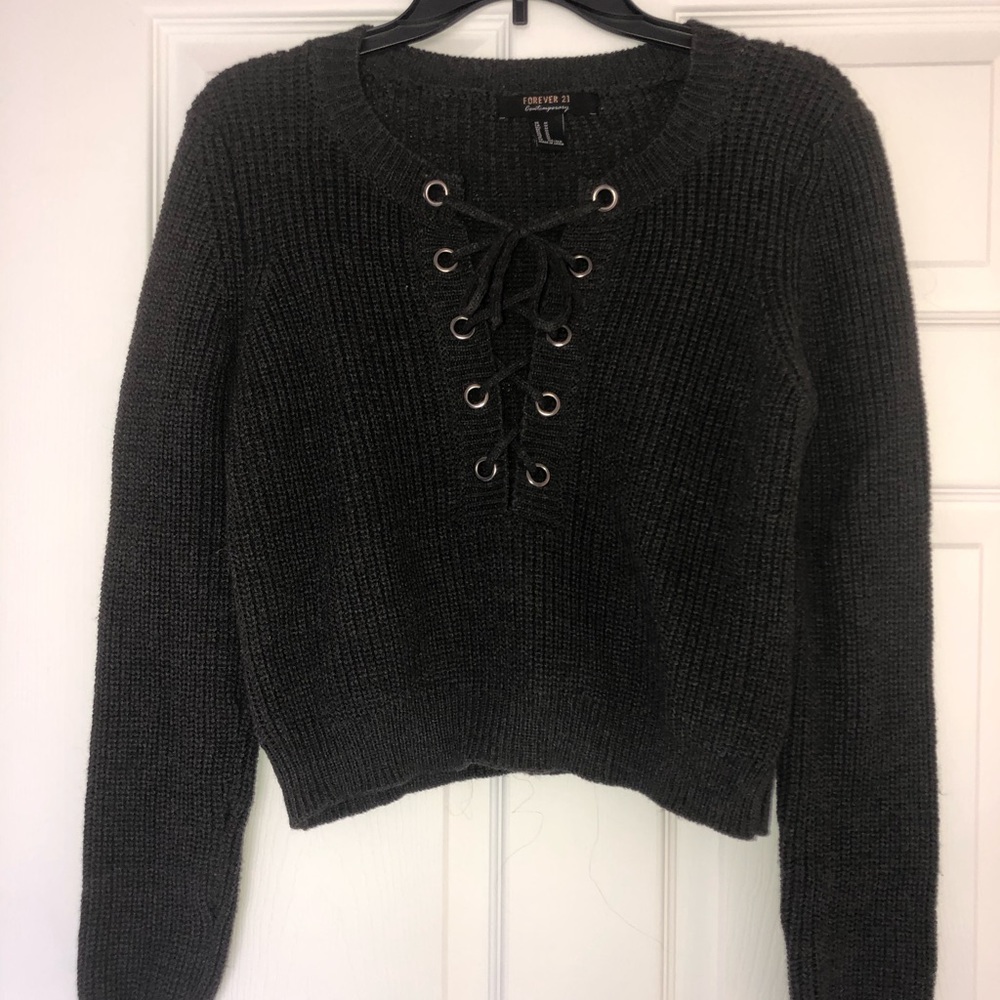 F21 Medium Grey cropped sweater w/ lace-up detail